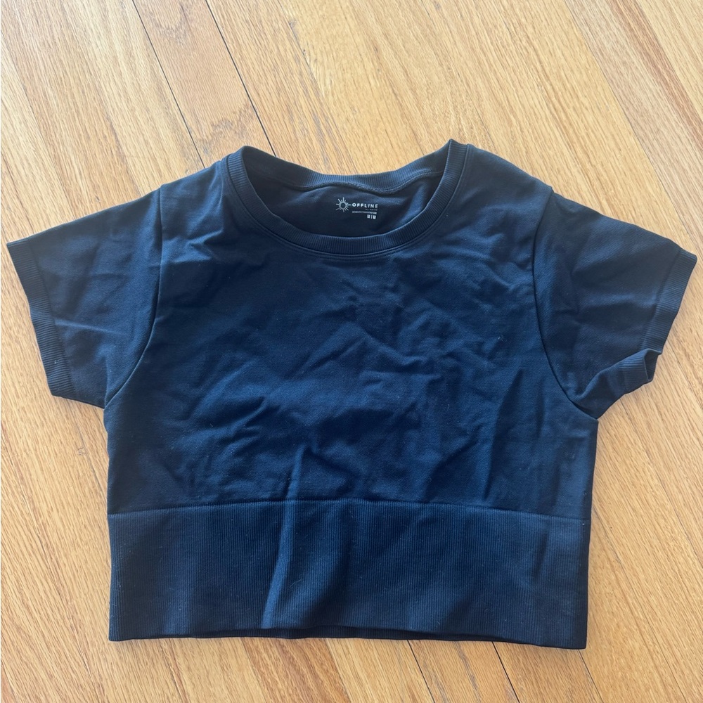 Aerie OFFLINE Black Short Sleeve Crop Top